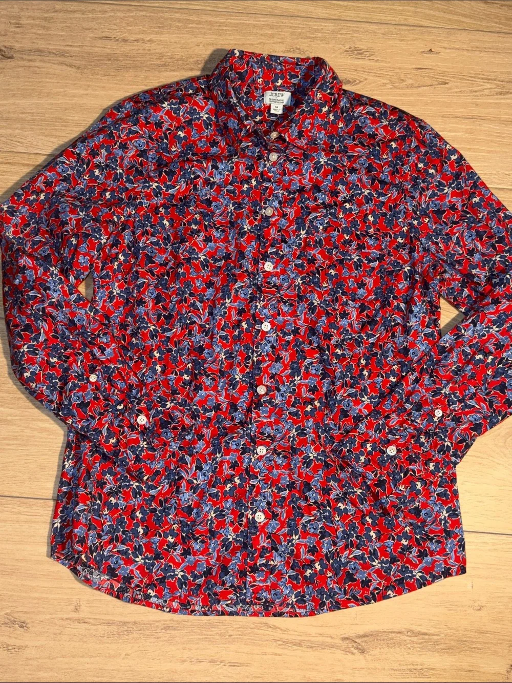 J. Crew Liberty Art floral shirt features a red and blue botanical print medium